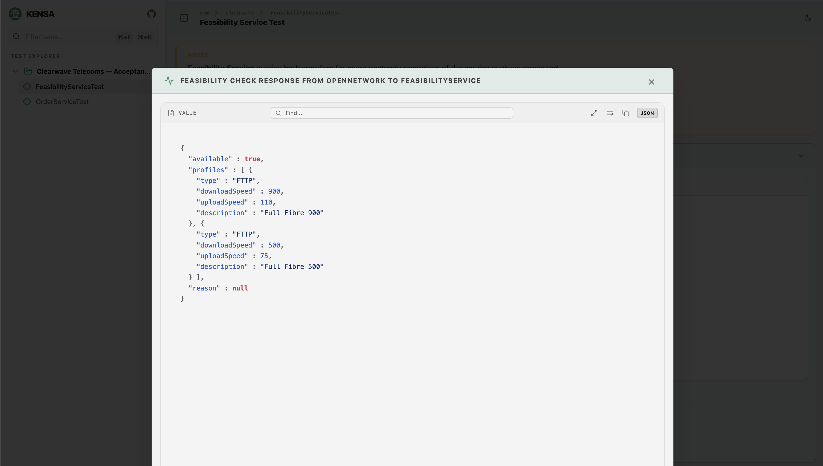 JSON interaction detail showing the feasibility check response