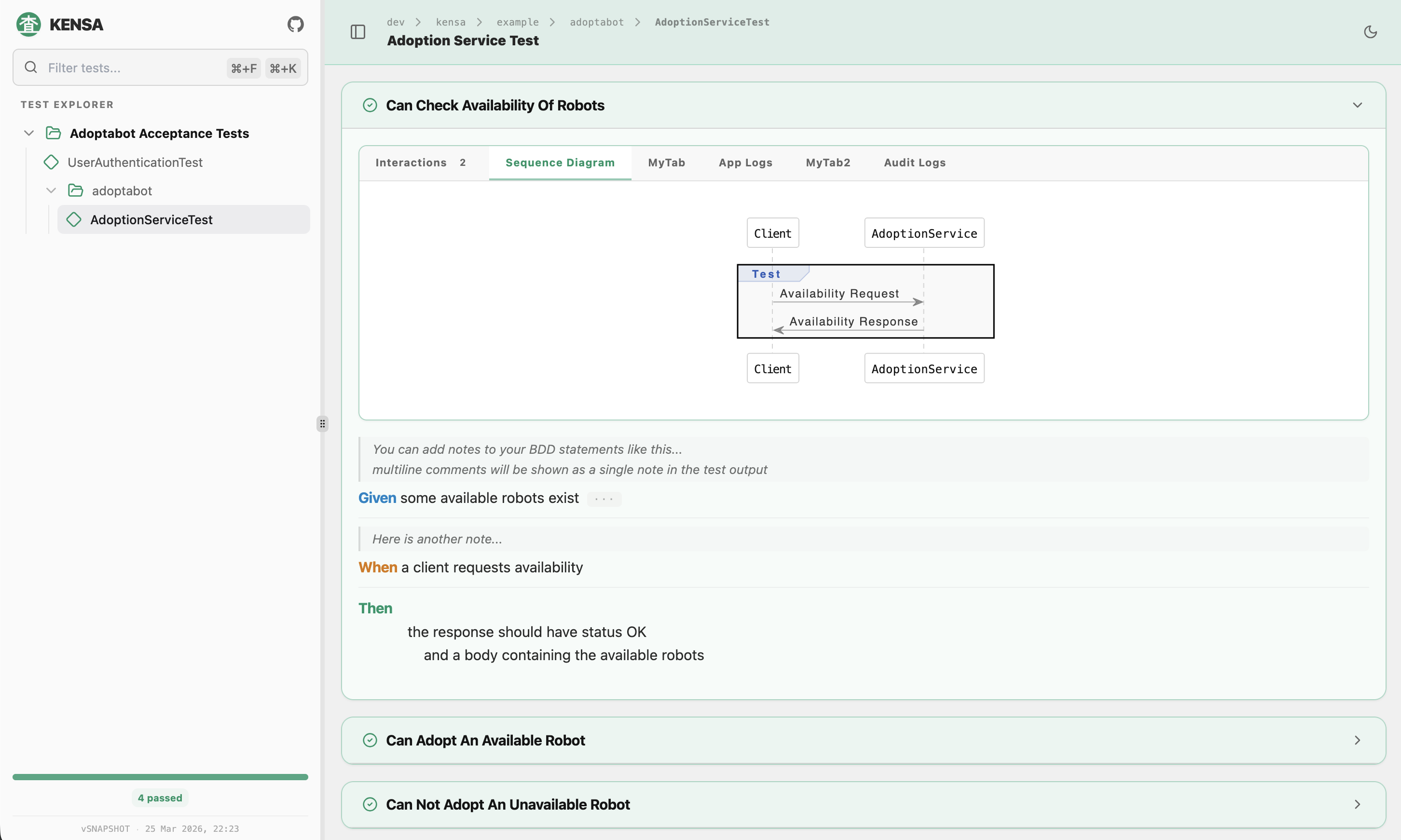 Kensa generated HTML report with sequence diagram